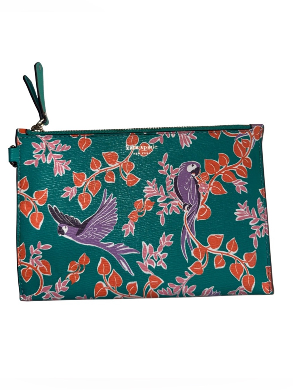 Kate Spade Teal and Orange Parrot Clutch